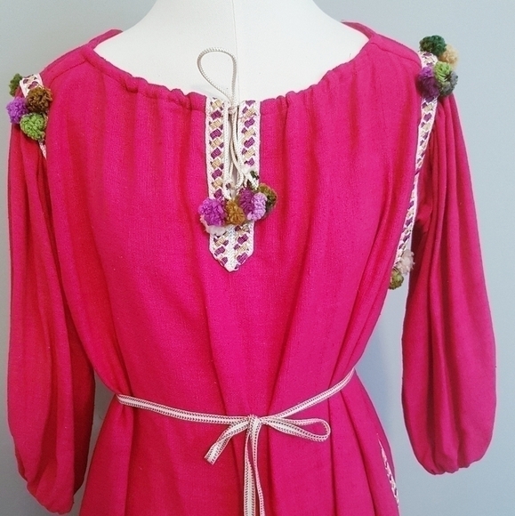 Handmade Pink Silk Ethnic Boho Pom Pom Tunic Dress - M - Picture 3 of 9